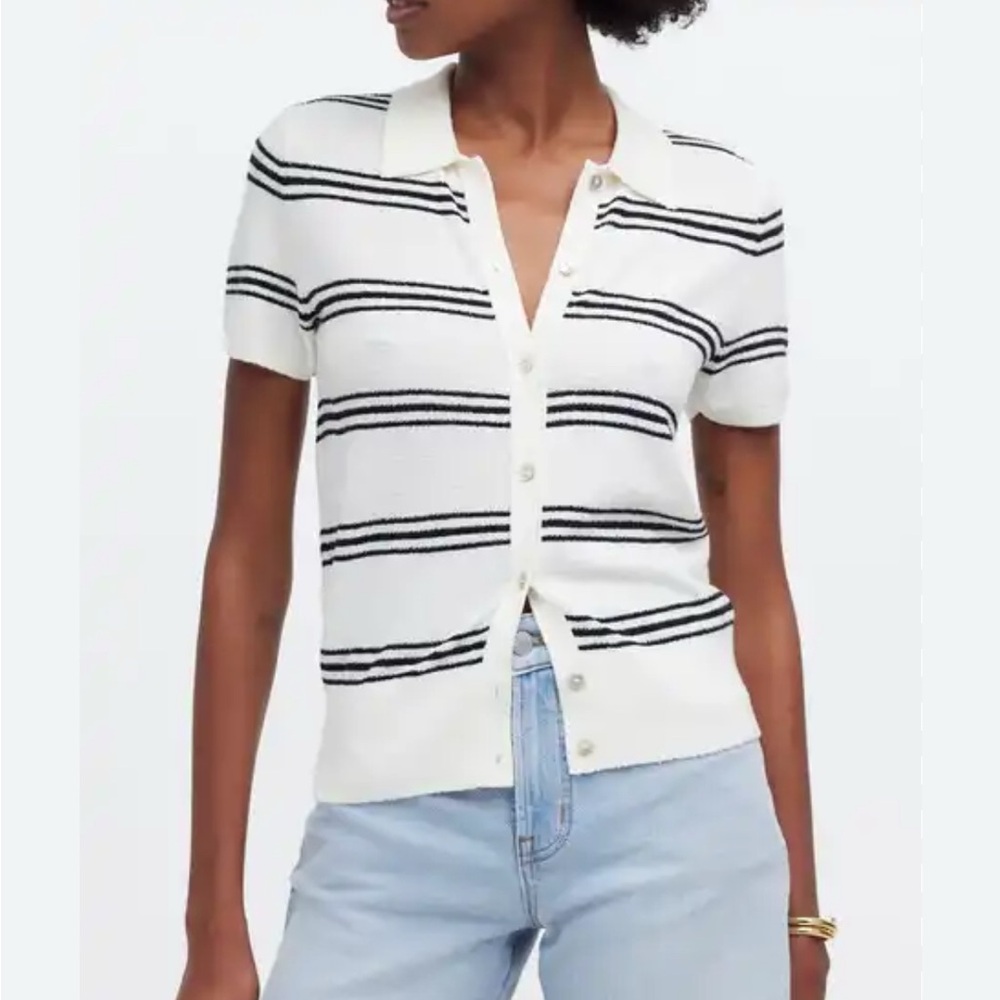 NWT Madewell Polo Sweater Tee in Ivory/Black Stripe XS